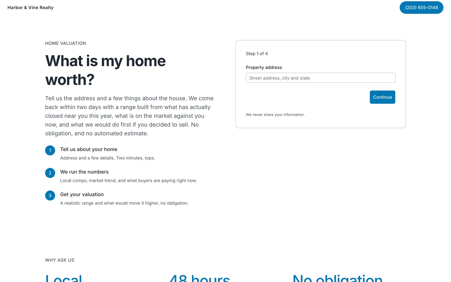 The valuation page: a heading, a short explanation, and the first step of the form asking for a property address.